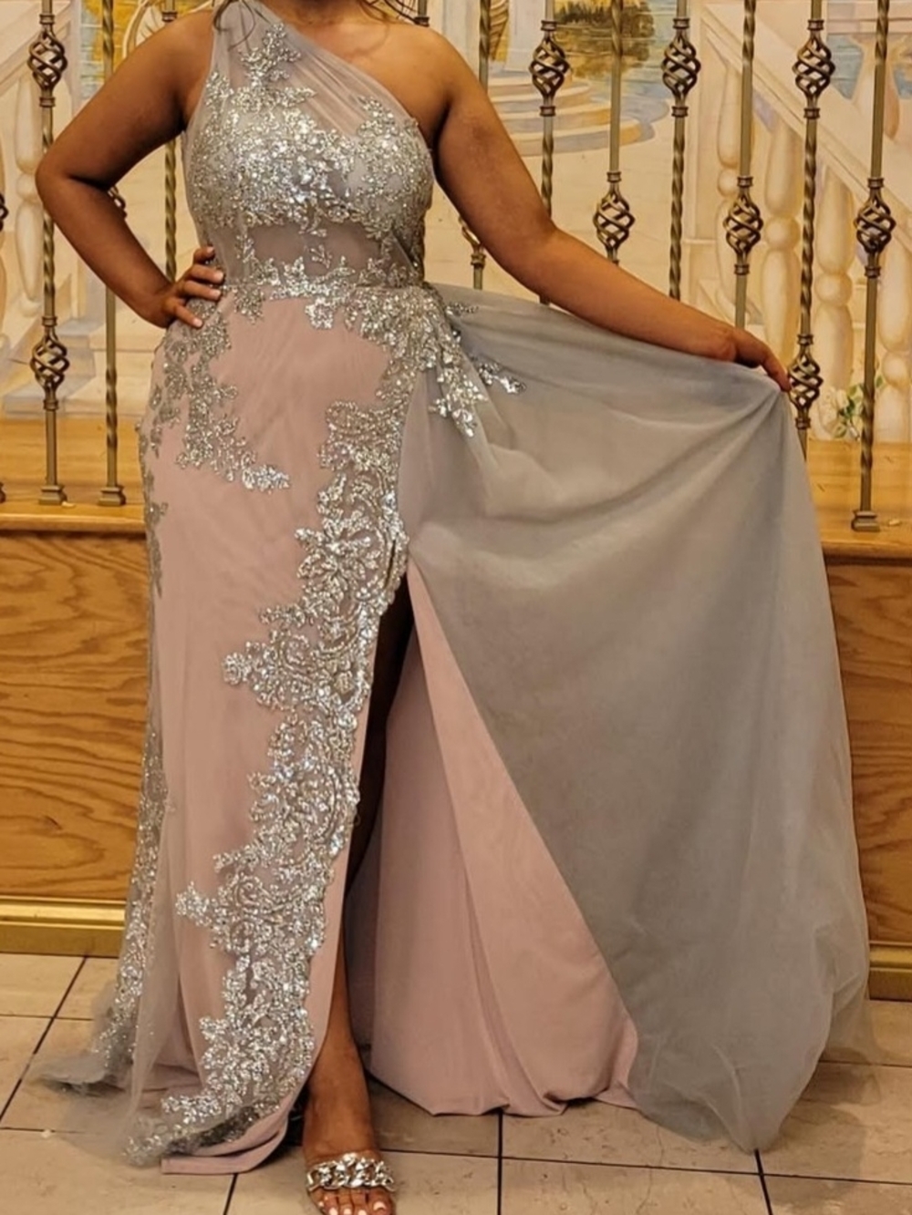 One-Shoulder Blush and Silver Evening Gown